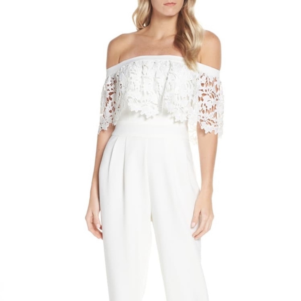 Eliza j lace off the shoulder jumpsuit